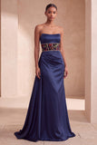 Navy Corset Satin Sheath Floral Strapless Ruched Long Formal Dress