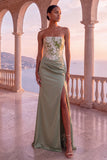 Floral Sage Green Corset Ruched Sheath Strapless Long Formal Dress with Slit