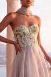 Light Grey Corset A-Line Organza Strapless Long Formal Dress with Neck Scarf