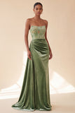 Green Corset Sheath Strapless Velvet Ruched Long Formal Dress with Side Streamer