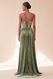 Green Corset Sheath Strapless Velvet Ruched Long Formal Dress with Side Streamer