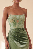 Green Corset Sheath Strapless Velvet Ruched Long Formal Dress with Side Streamer