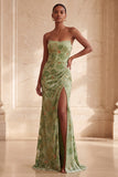 Green Mermaid Strapless Slit Ruched Long Formal Dress with Slit