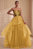 Ginger Yellow Strapless A-Line Tiered Printed Long Formal Dress