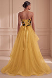 Ginger Yellow Strapless A-Line Tiered Printed Long Formal Dress