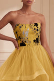 Ginger Yellow Strapless A-Line Tiered Printed Long Formal Dress