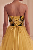 Ginger Yellow Strapless A-Line Tiered Printed Long Formal Dress