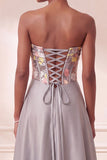 Grey Corset Strapless Satin Floral Ruched Sequins Long Formal Dress with Pockets