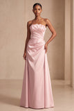 Strapless Pink Satin A-Line Ruched Long Formal Dress