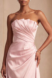 Strapless Pink Satin A-Line Ruched Long Formal Dress