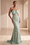 Sage Green Corset Mermaid Strapless Feathered Sequins Long Formal Dress with Bow