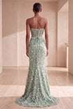 Sage Green Corset Mermaid Strapless Feathered Sequins Long Formal Dress with Bow