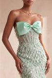 Sage Green Corset Mermaid Strapless Feathered Sequins Long Formal Dress with Bow