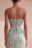 Sage Green Corset Mermaid Strapless Feathered Sequins Long Formal Dress with Bow