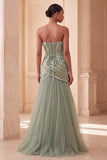 Strapless Sage Green A-Line Tulle Feathered Sequins Long Formal Dress with Draping