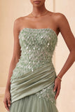 Strapless Sage Green A-Line Tulle Feathered Sequins Long Formal Dress with Draping