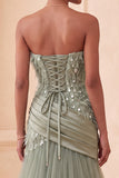 Strapless Sage Green A-Line Tulle Feathered Sequins Long Formal Dress with Draping