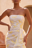 Strapless Ivory Mermaid Ruffled Ruched Slit Long Formal Dress with Sweep Train