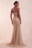 Khaki One Shoulder Sheath Sequins Beaded Ruched Long Formal Dress with Sweep Train