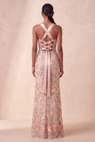 Halter Blush Sheath Sequins Rhinestone Floral Long Formal Dress with Embroidery