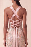 Halter Blush Sheath Sequins Rhinestone Floral Long Formal Dress with Embroidery