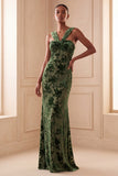 Eucalyptus Sheath Ruched Velvet Floral Long Formal Dress
