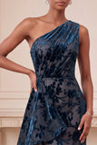 Navy Sheath One Shoulder Velvet Ruched Long Formal Dress with Ruffles