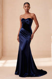 Strapless Navy Mermaid Ruched Long Evening Dress with Sweep Train