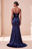 Strapless Navy Mermaid Ruched Long Evening Dress with Sweep Train