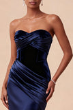 Strapless Navy Mermaid Ruched Long Evening Dress with Sweep Train