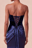 Strapless Navy Mermaid Ruched Long Evening Dress with Sweep Train