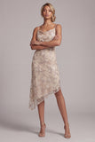 Champagne Sheath Cowl Asymmetrical Pearl Mother of the Bride Dress with Sequins