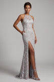 Dusty Blue Sheath Halter Beaded Mother of the Bride Dress with Pockets