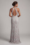 Dusty Blue Sheath Halter Beaded Mother of the Bride Dress with Pockets