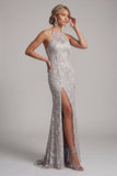Dusty Blue Sheath Halter Beaded Mother of the Bride Dress with Pockets