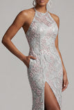 Dusty Blue Sheath Halter Beaded Mother of the Bride Dress with Pockets