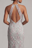 Dusty Blue Sheath Halter Beaded Mother of the Bride Dress with Pockets