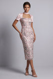 Light Pink Sheath Square Neck Short Sleeves Midi Mother of the Bride Dress with Belt