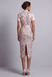 Light Pink Sheath Square Neck Short Sleeves Midi Mother of the Bride Dress with Belt
