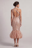 Blush Mermaid High Neck Pockets Bubble Hem Midi Mother of the Bride Dress with Sequins
