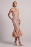 Blush Mermaid High Neck Pockets Bubble Hem Midi Mother of the Bride Dress with Sequins