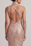 Blush Mermaid High Neck Pockets Bubble Hem Midi Mother of the Bride Dress with Sequins