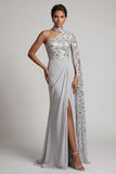 Grey Sheath High Neck Ruched One Shoulder Long Mother of the Bride Dress