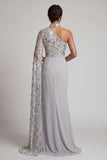 Grey Sheath High Neck Ruched One Shoulder Long Mother of the Bride Dress
