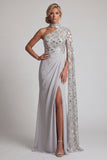 Grey Sheath High Neck Ruched One Shoulder Long Mother of the Bride Dress