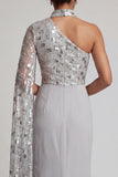 Grey Sheath High Neck Ruched One Shoulder Long Mother of the Bride Dress