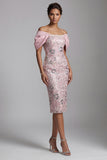 Light Pink Sheath Off the Shoulder Pearls Midi Mother of the Bride Dress