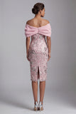 Light Pink Sheath Off the Shoulder Pearls Midi Mother of the Bride Dress