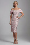 Light Pink Sheath Off the Shoulder Pearls Midi Mother of the Bride Dress