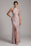 Light Pink Sheath Halter Sequins Long Mother of the Bride Dress with Side Slit